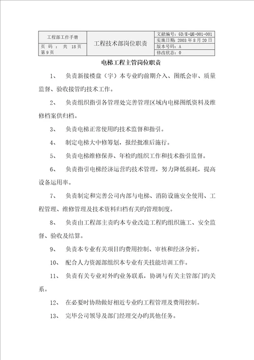 物业公司工程技术部岗位职责