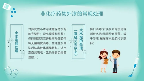 绿色卡通药物外渗的预防与处理PPT模板宣传PPT动态PPT输液外渗的处理方法