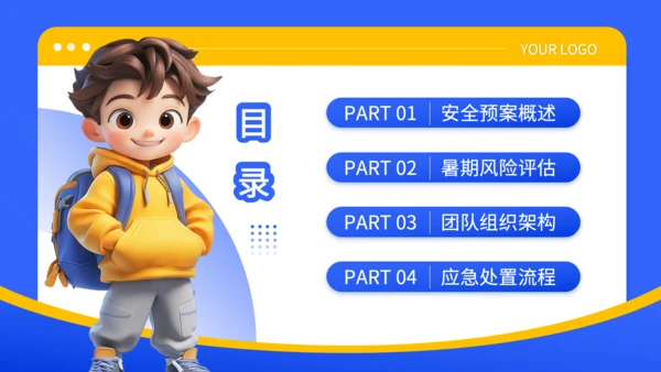 蓝色3D风暑期夏令营安全预案与管理规范PPT