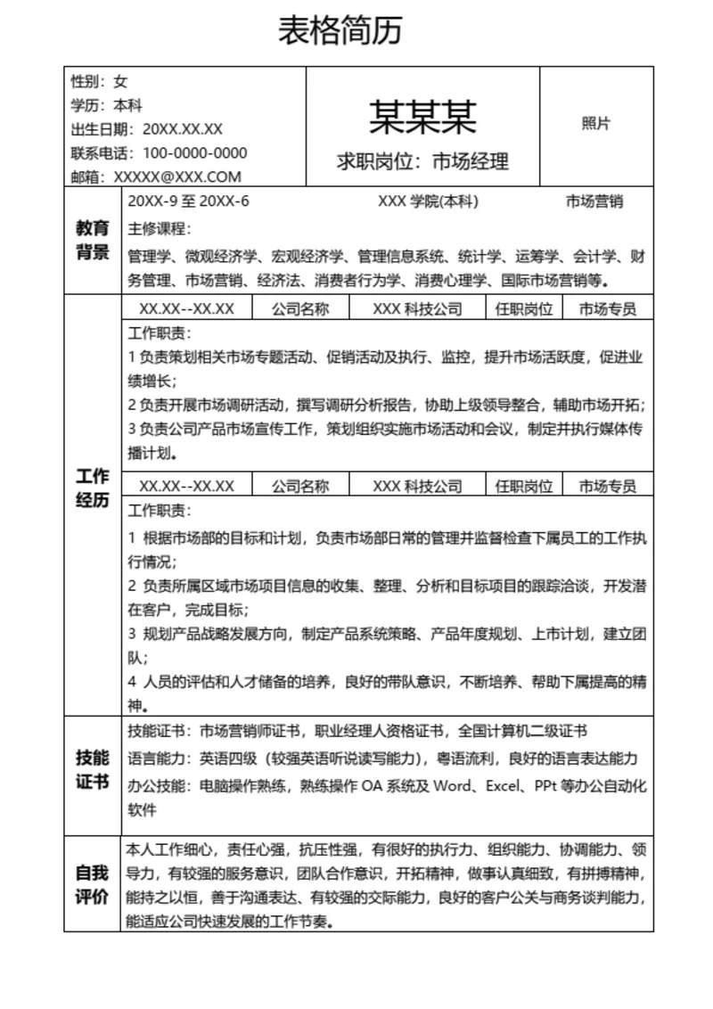 通用个人求职面试表格简历