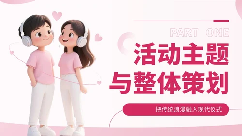 粉色卡通风七夕节情侣活动安排PPT