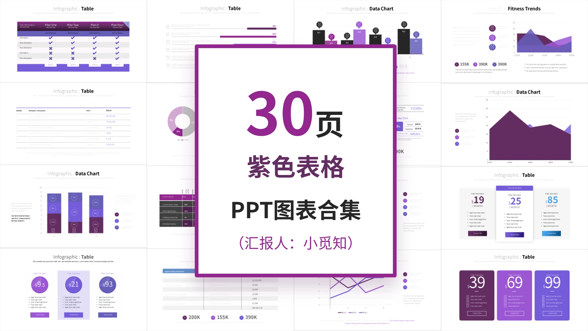 30页紫色表格PPT图表合集PPT模板宣传PPT动态PPT表格图表
