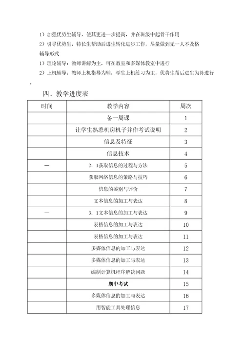 高一信息技术教学计划及进度表审批稿