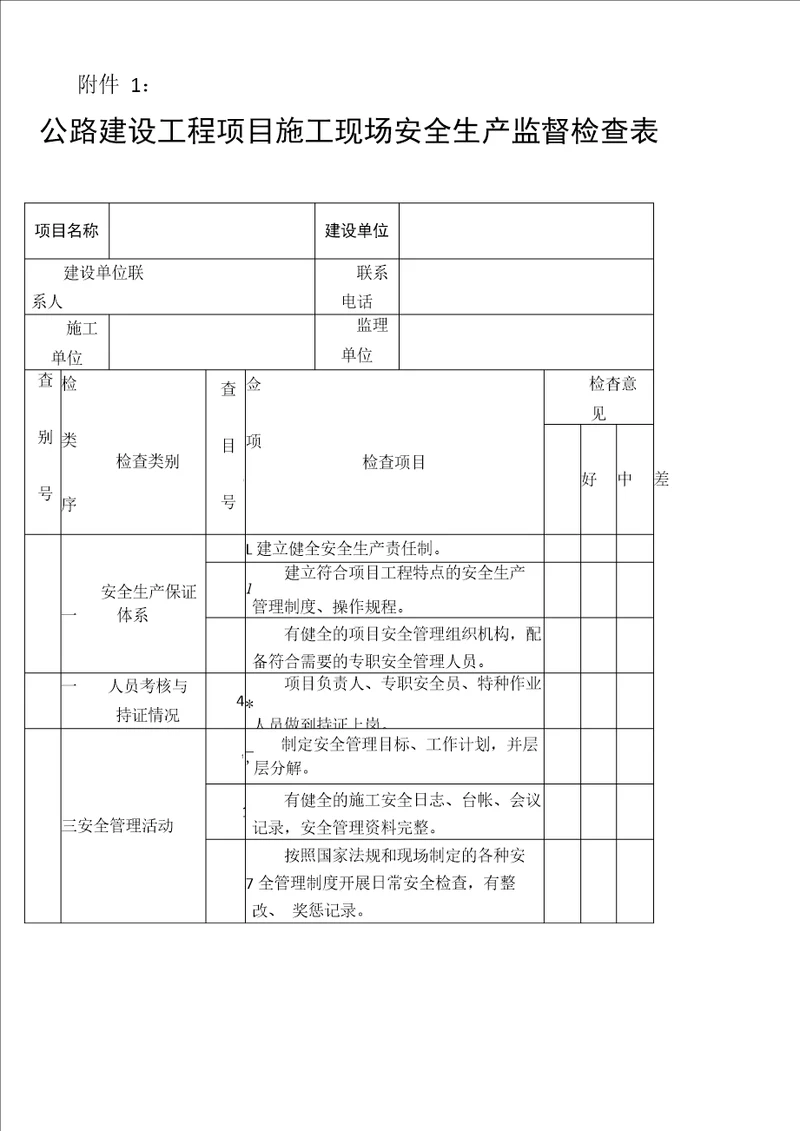 公路工程安全生产检查记录表