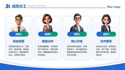 成员分工-蓝绿色商务风4项线框成员分工PPT单页