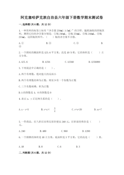 阿克塞哈萨克族自治县六年级下册数学期末测试卷及一套完整答案.docx