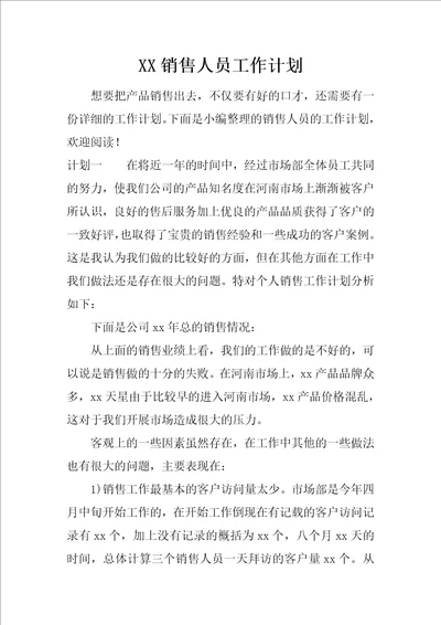 XX销售人员工作计划