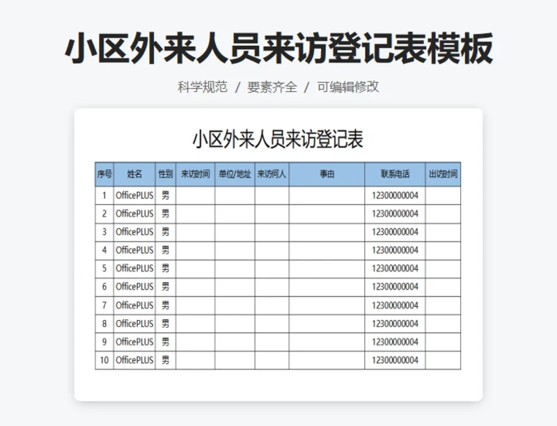 小区外来人员来访登记表