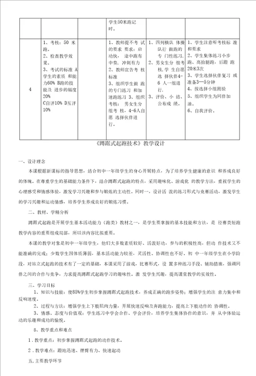 水平四初一体育蹲踞式起跑教学设计及教案附单元教学计划