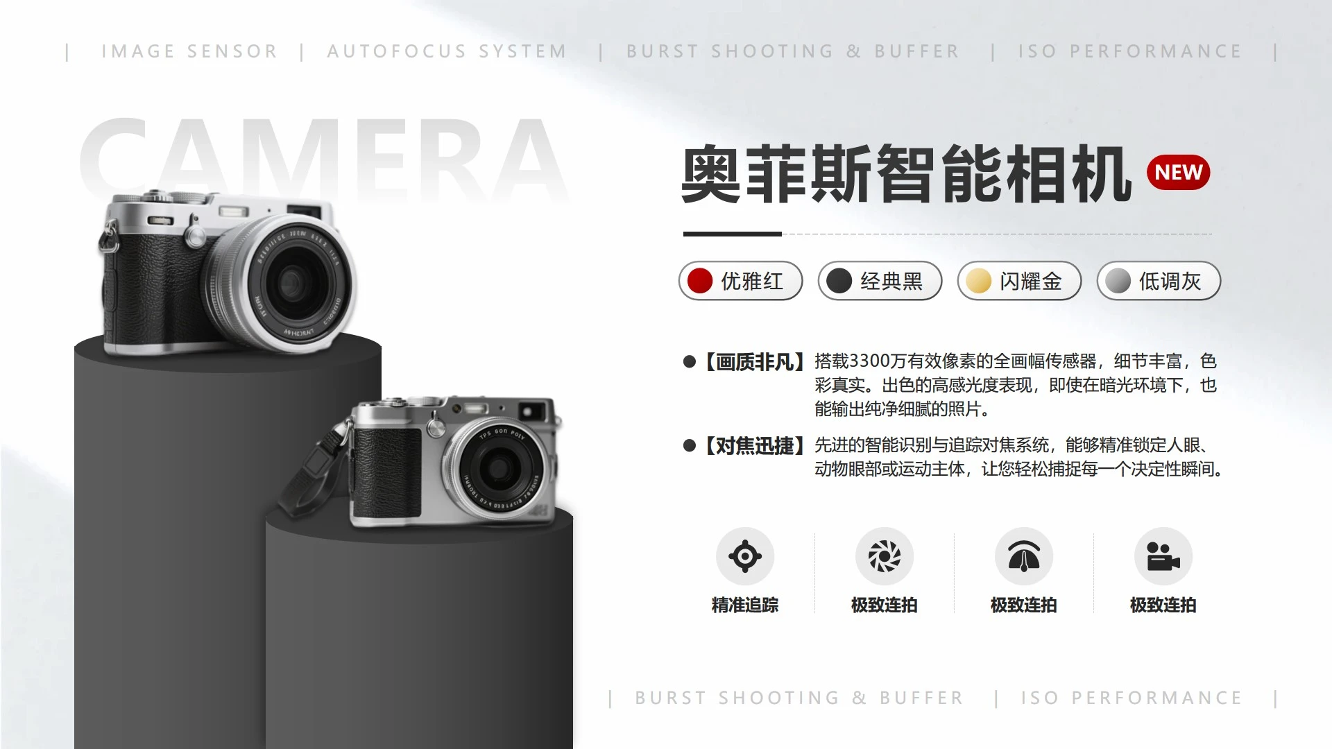 灰色实景商务风相机产品介绍正文页PPT单页