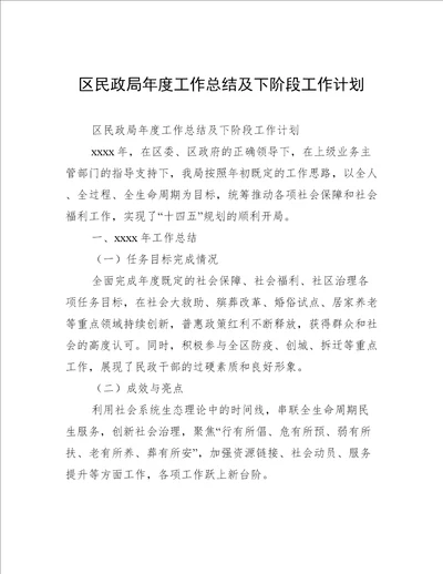区民政局年度工作总结及下阶段工作计划