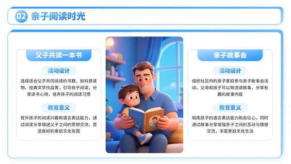 蓝色3D卡通父亲节社区活动亲子互动与家庭和谐PPT模板