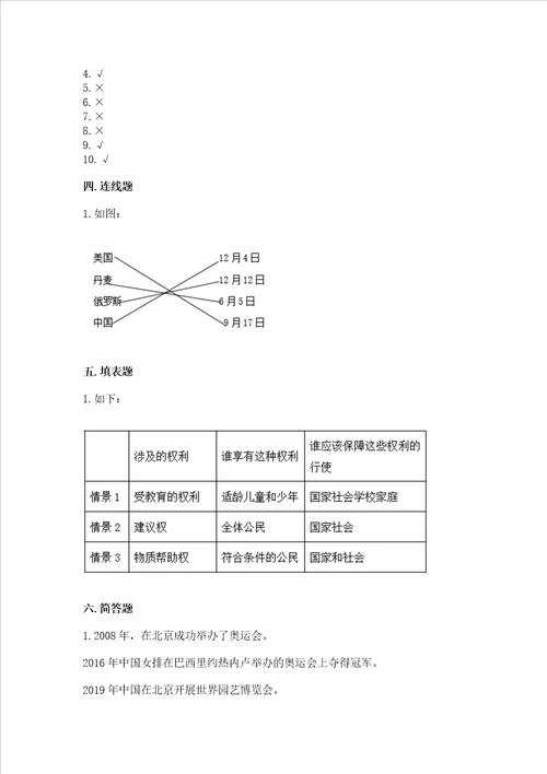 六年级（上册）道德与法治期末测试卷及参考答案一套