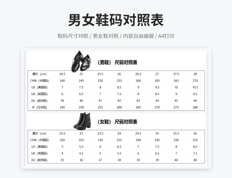 男女鞋码对照表
