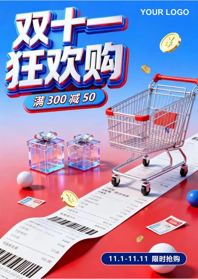 蓝红拼色渐变3D风双十一电商营销活动海报
