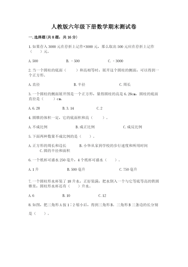 人教版六年级下册数学期末测试卷审定版.docx