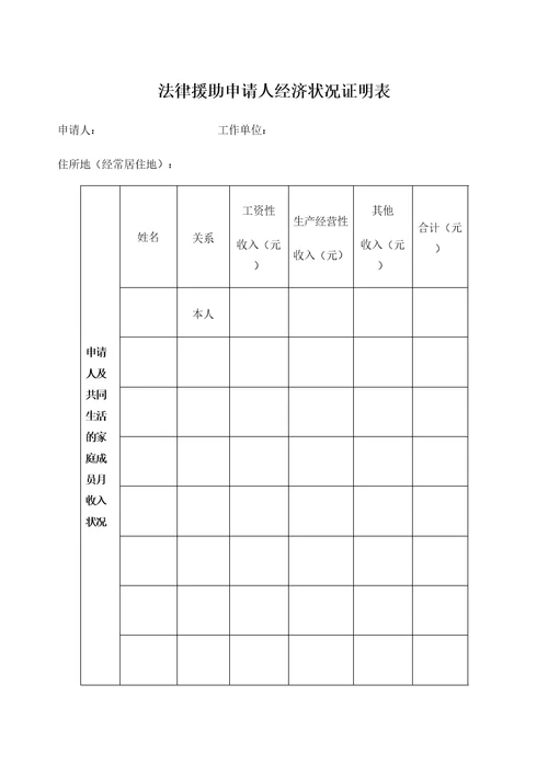 法律援助申请人经济状况证明表