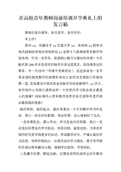 在高校青年教师岗前培训开学典礼上的发言稿