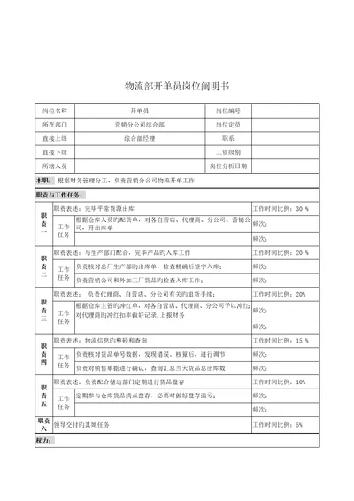 奥康集团物流部开单员岗位专项说明书