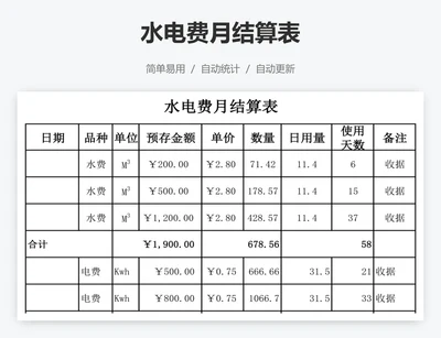水电费月结算表