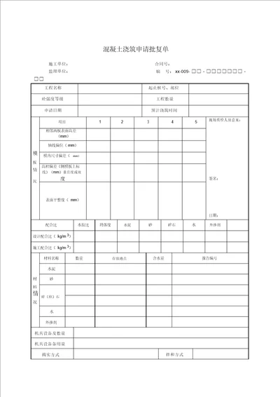 混凝土浇筑申请批复单