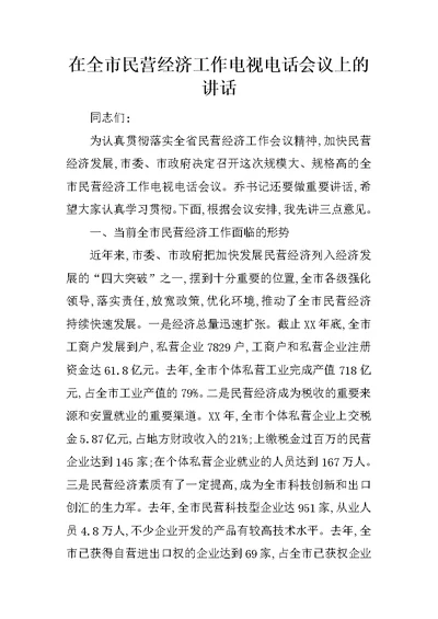 在全市民营经济工作电视电话会议上的讲话