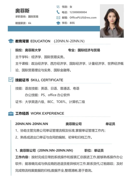 国贸专业简历（蓝色）word模板