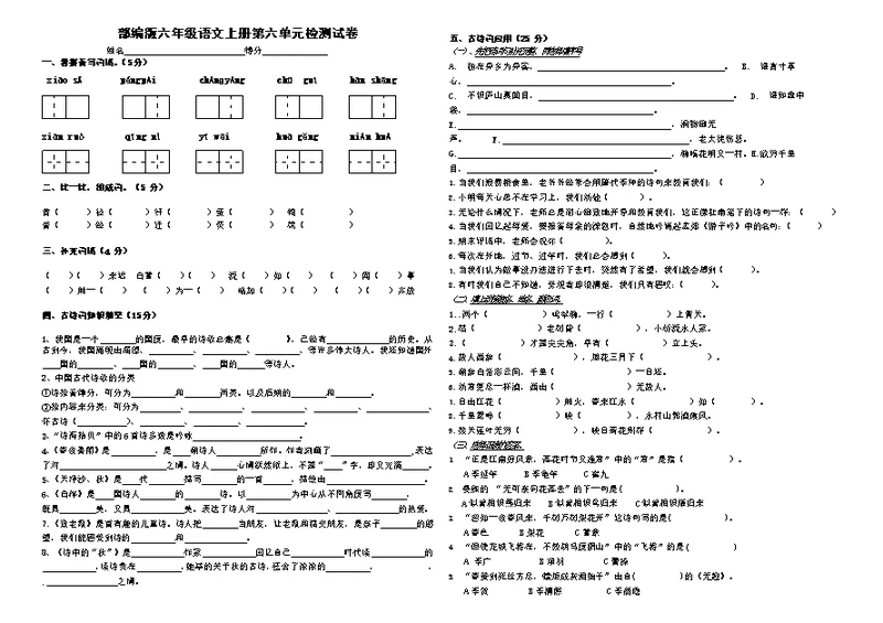 人教部编版六年级语文上册 第六单元检测试题测试卷 (1)