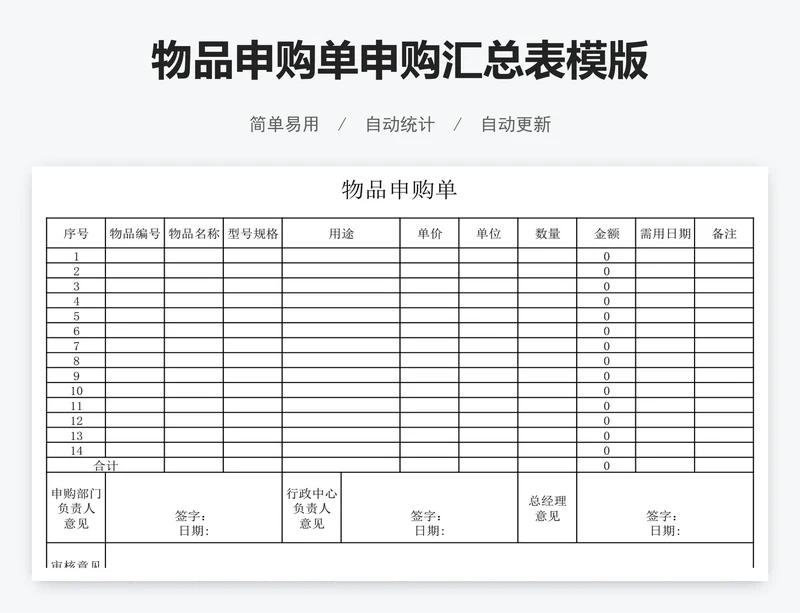 物品申购单申购汇总表模版