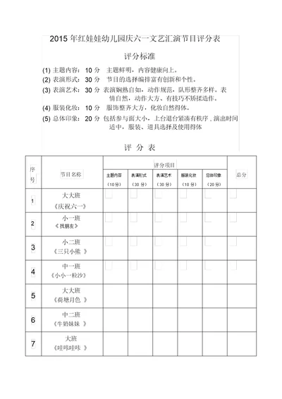 2015年庆六一文艺汇演节目评分表