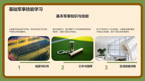 绿色3D风军训收获与成长汇报PPT模板