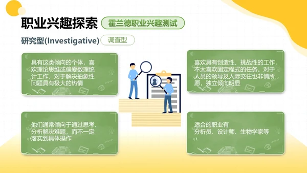黄绿双色卡通插画学校教育培训职业探索PPT模板职业规划