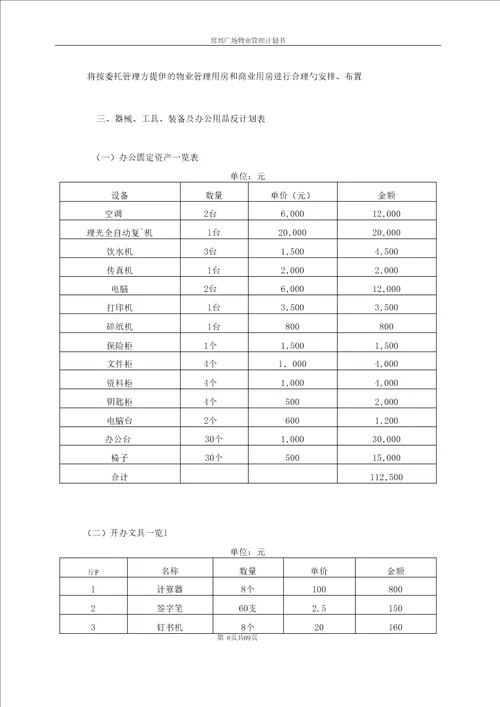 工作计划及物资装备