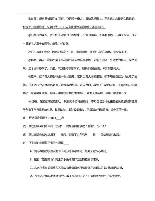 上海市黄浦区六年级上期中语文试卷word模板