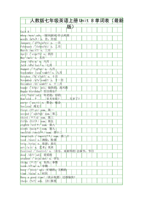 人教版七年级英语上册Unit-8单词表最新版.docx