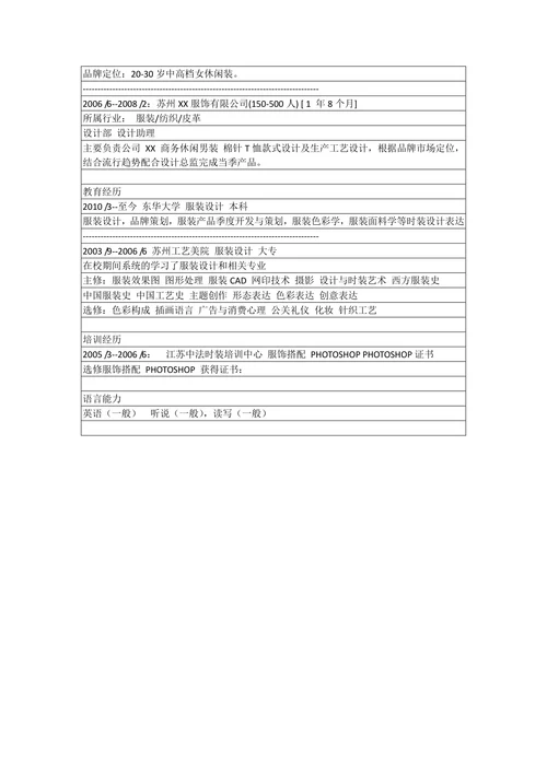 服装设计师简历