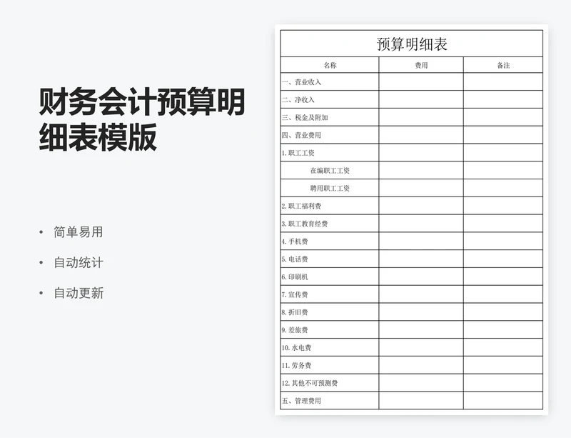 财务会计预算明细表模版