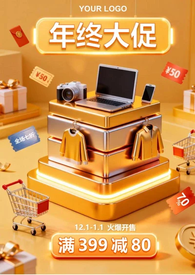 金色3D风年终电商大促促销海报