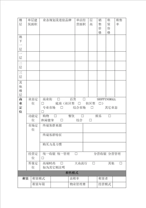 商业地产市场调研表格经典