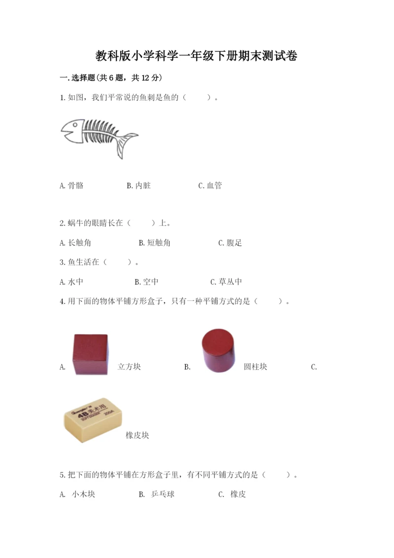 教科版小学科学一年级下册期末测试卷及参考答案【预热题】.docx