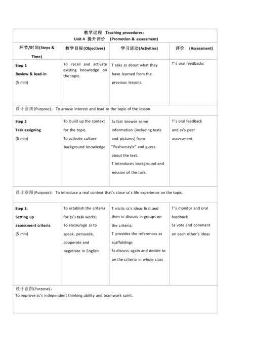 Module 4 Healthy food 模块单元整体教学设计（表格式）