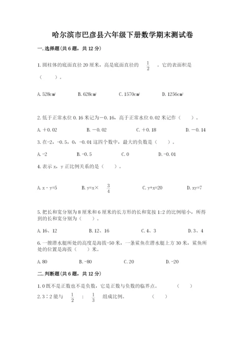 哈尔滨市巴彦县六年级下册数学期末测试卷推荐.docx
