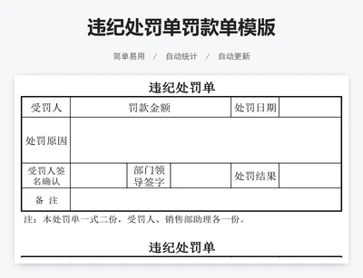 违纪处罚单罚款单模版