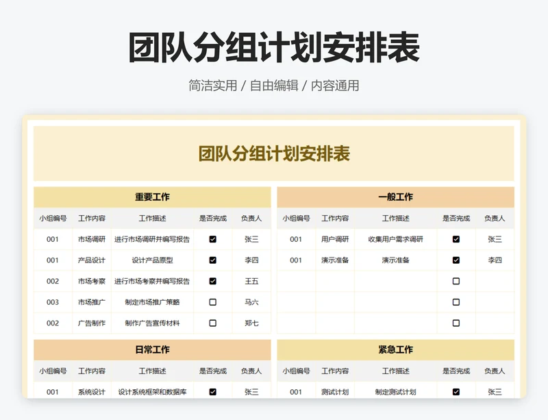 团队分组计划安排表