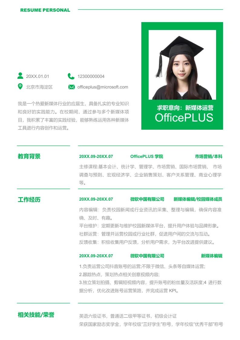 绿色简约新媒体运营简历模板