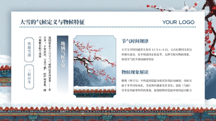 蓝色中国风中国传统二十四节气之大雪教育科普PPT模板
