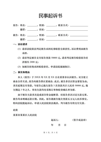 民事起诉书范例