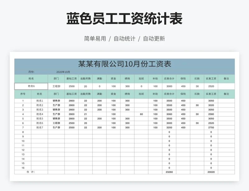 蓝色员工工资统计表