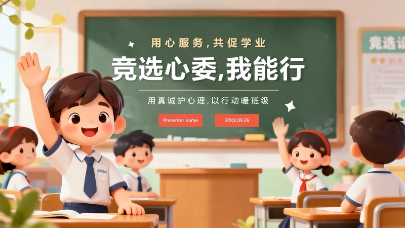 可爱校园3D卡通风班干部竞选心理委员PPT模板