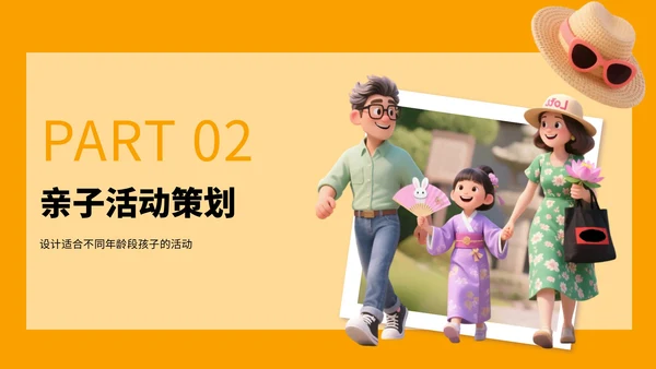 橙色3D风国庆亲子游攻略PPT模板